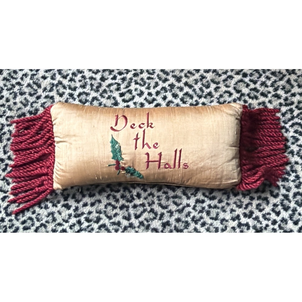 Christmas Deck the Halls Lumbar Pillow Gold Silk Fringe Embroidered VTG 1950s - Picture 1 of 10